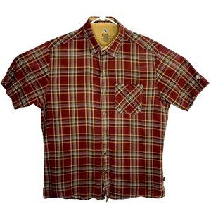 Kuhl Mens 100% Organic Cotton Short Sleeve Hiking Camping Shirt Brown Plaid